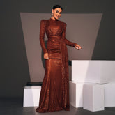 Evening Dress Long Sleeve Crew Neck Slim Long Sequined Cocktail Bridesmaid Dress
